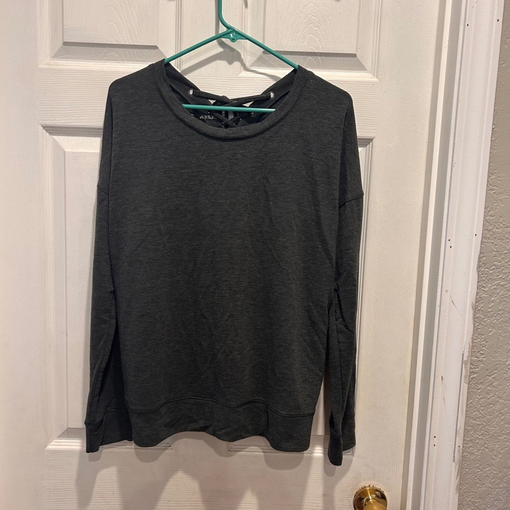 Yogalicious Womens Lace Up Back Gray Pullover Top Sweatshirt Long‎ Sleeve Large